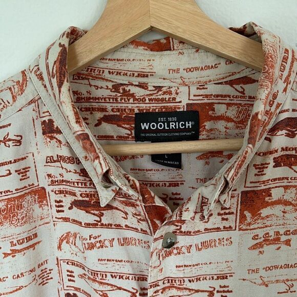 Vintage Woolrich Short Sleeve Button Down Fishing Lures Tan Rust Shirt Size L - Picture 3 of 11
